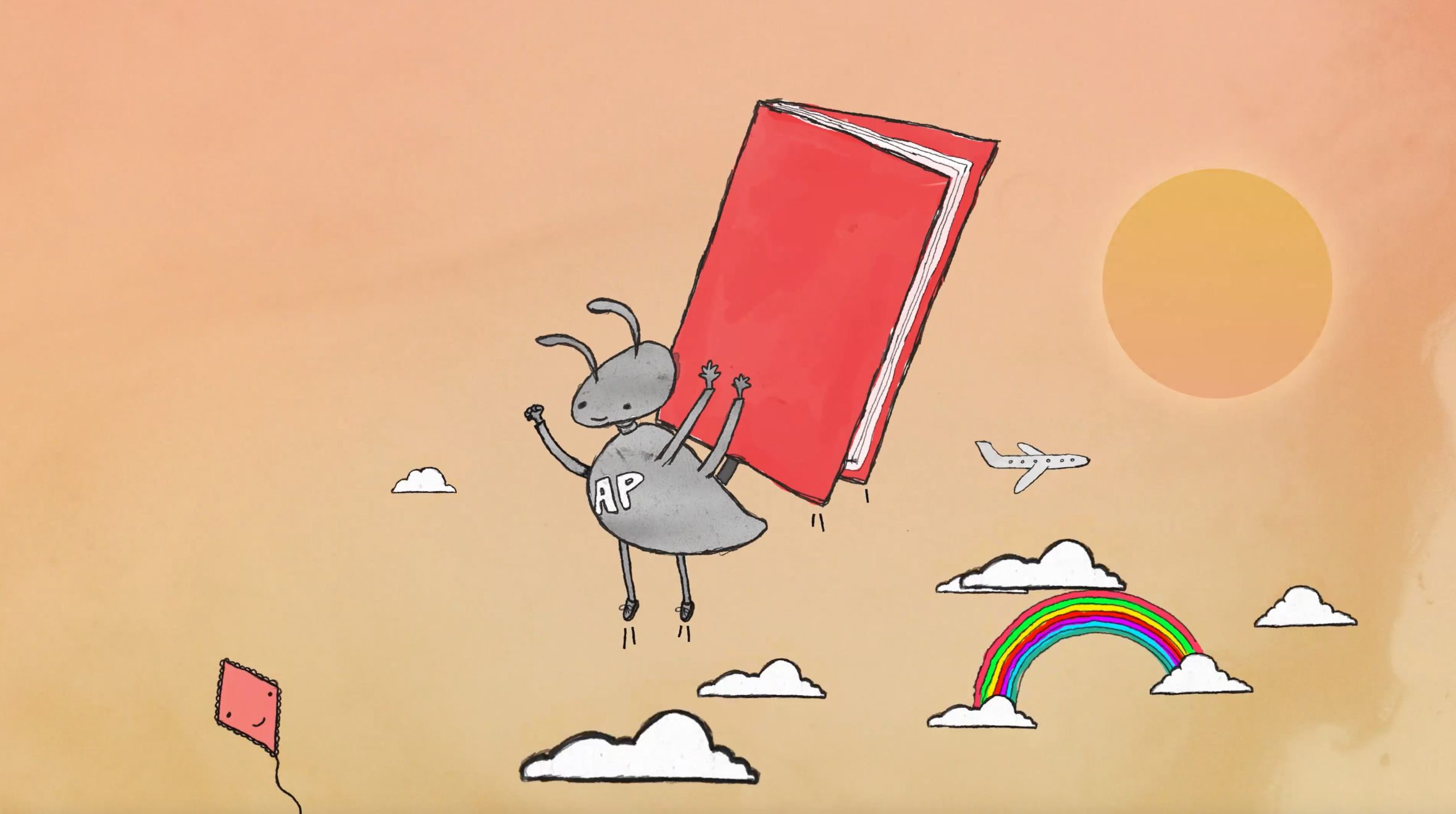 Load video: Ant holding a red book, shooting up into space. Shows test &quot;Books for the little people&quot;, then Ant Power Books logo